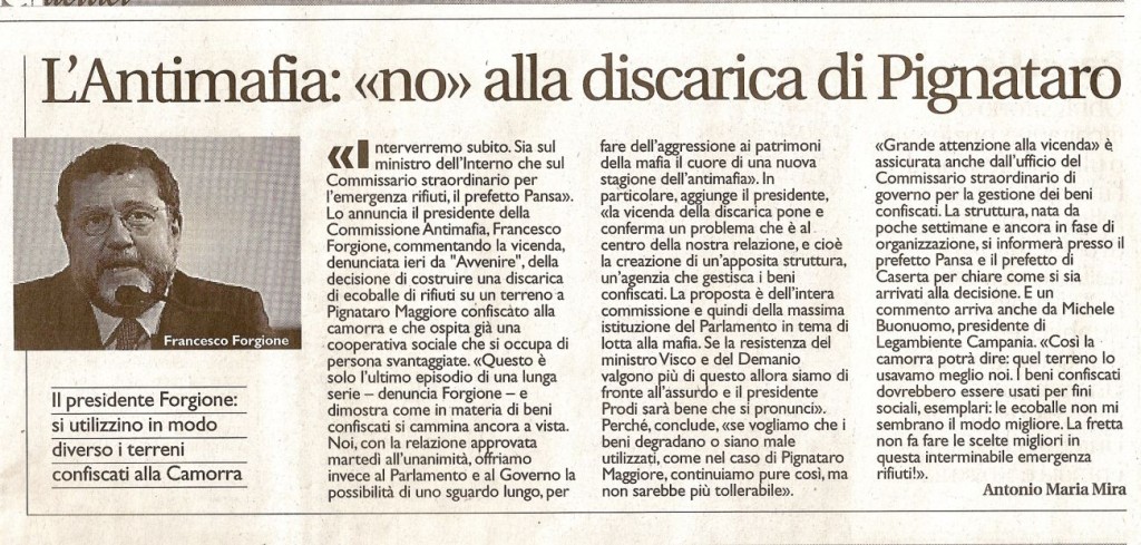 Antimafia: «no» alla discarica di Pignataro