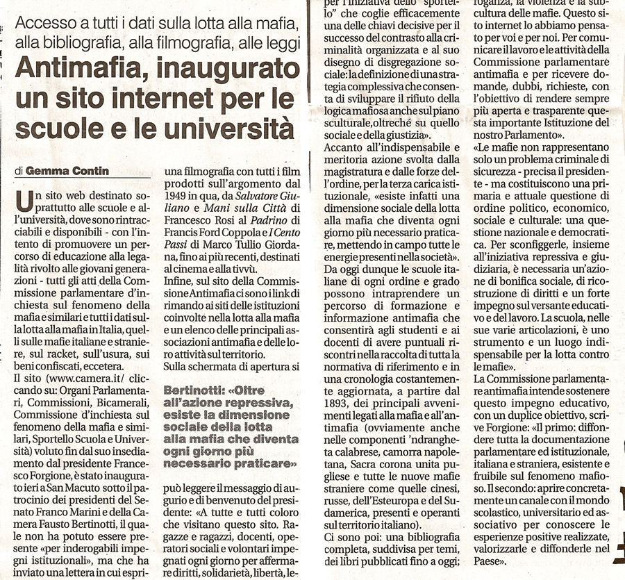 Antimafia: inaugurato un sito internet per le scuole e le università