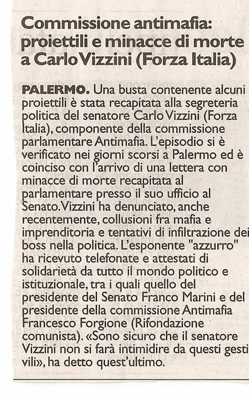 Commissione antimafia: proiettili e minacce di morte a Carlo Vizzini (Forza Italia)