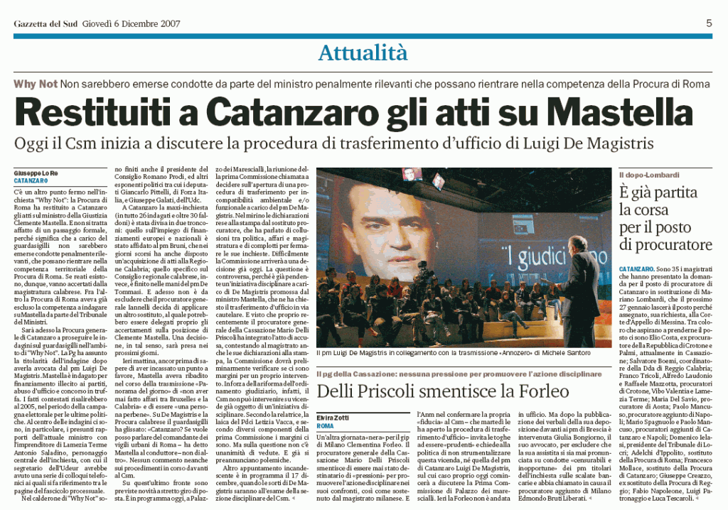 Restituiti a Catanzaro gli atti su Mastella