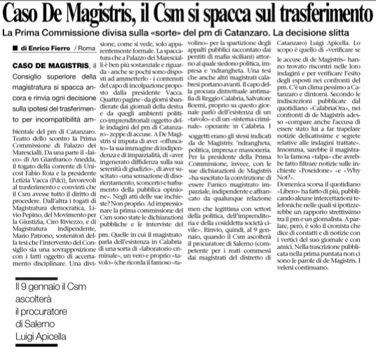 Caso De Magistris il CSM si spacca sul trasferimento
