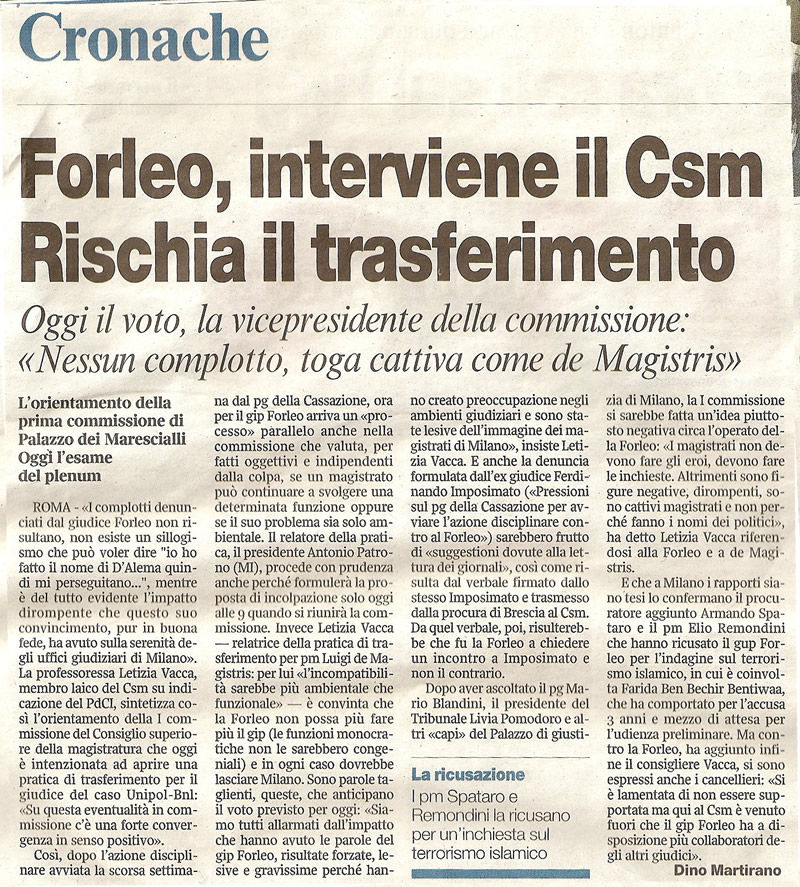 Forleo, interviene il Csm. Rischia il trasferimento