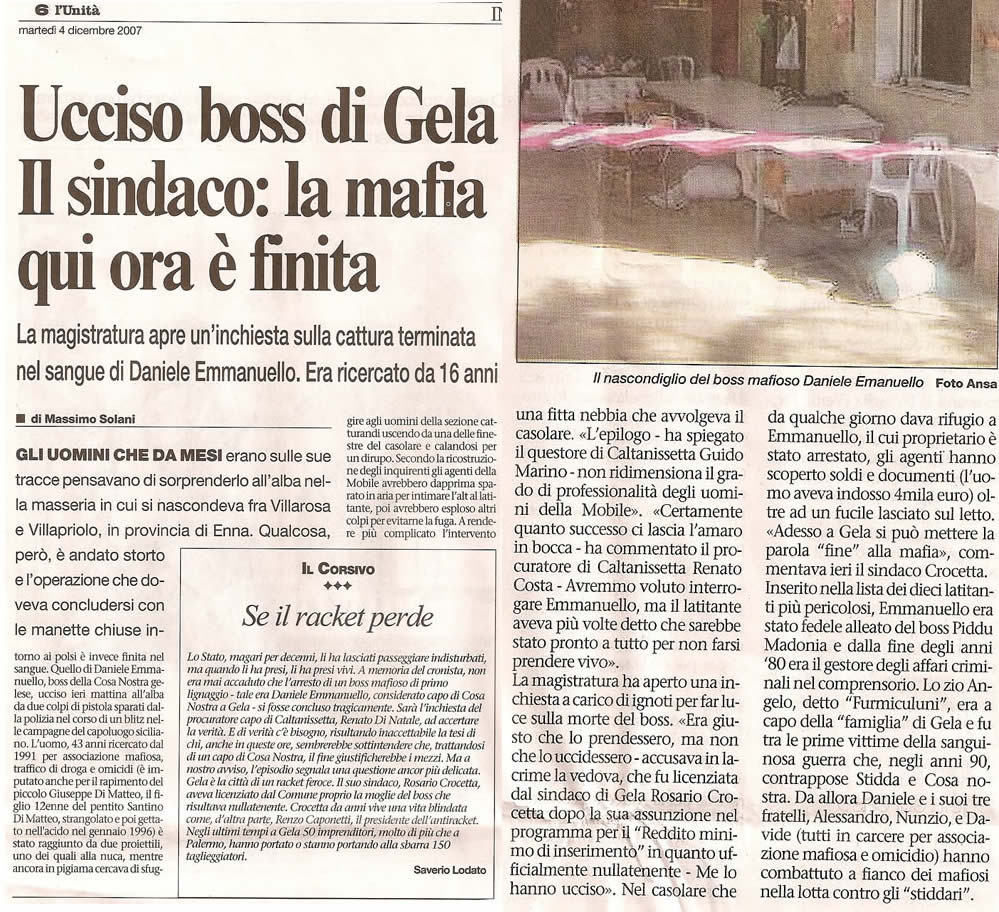 Ucciso Boss di Gela. Il sindaco: la mafia qui ora è finita