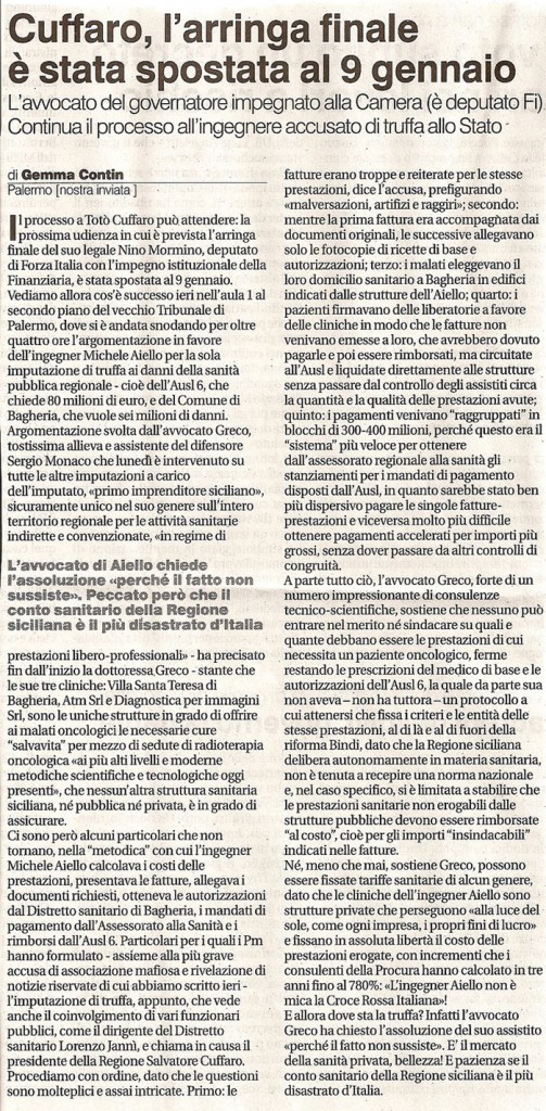 Cuffaro: l’arringa finale è stata spostata il 9 gennaio