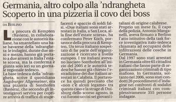 Germania, altro colpo alla ‘ndrangheta. Scoperto in una pizzeria il covo dei boss
