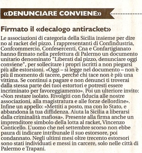 Firmato il decalogo antiracket