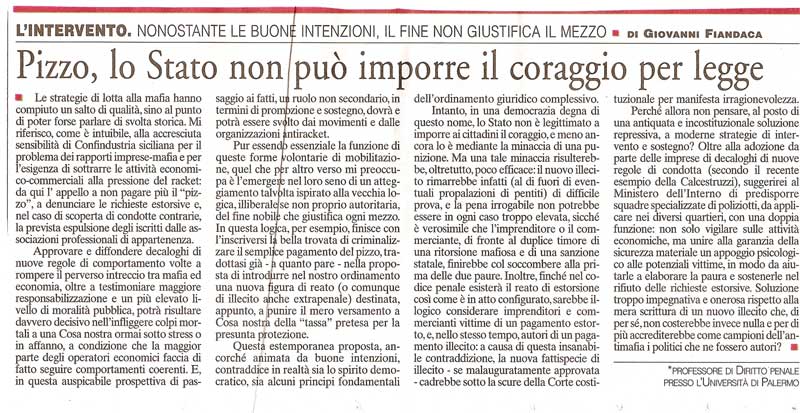 Pizzo, lo Stato non può imporre il coraggio per legge
