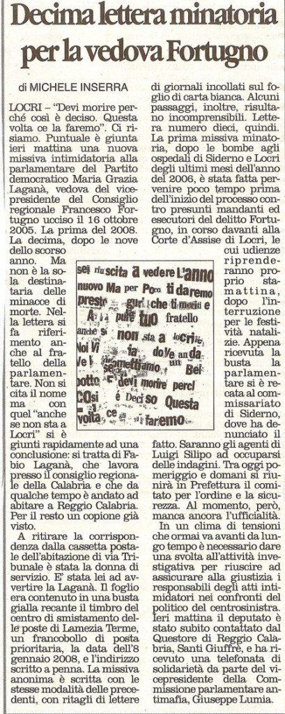 Decima lettera minatoria per la vedova Fortugno