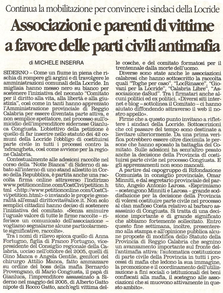 Associazioni e parenti di vittime a favore delle parti civili antimafia