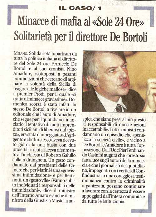 Minacce di mafia al «Sole 24 Ore» Solidarietà per il direttore De Bortoli