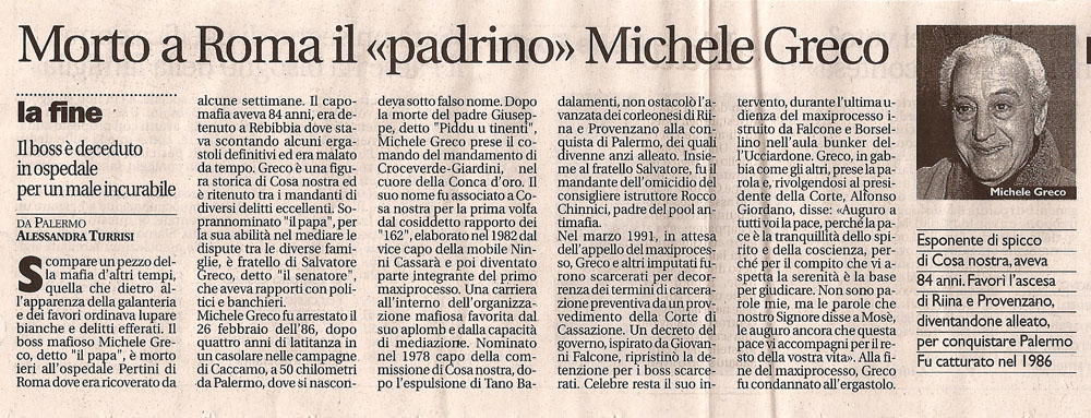 «Morto a Roma il “padrino” Michele Greco»