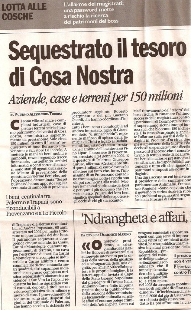 Sequestrato il tesoro di Cosa Nostra
