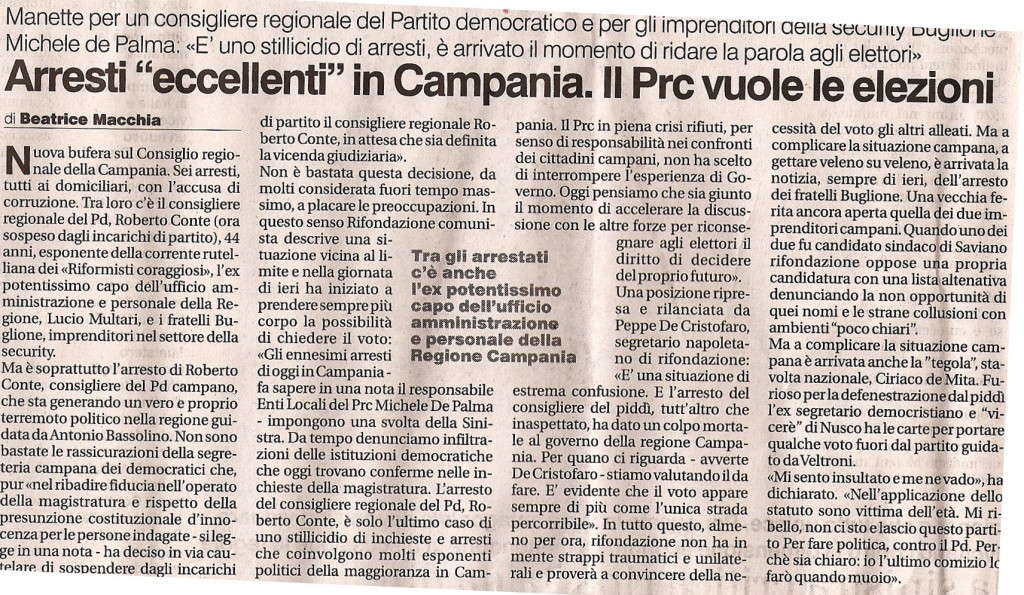 Arresti eccellenti in Campania, il Prc vuole le elezioni