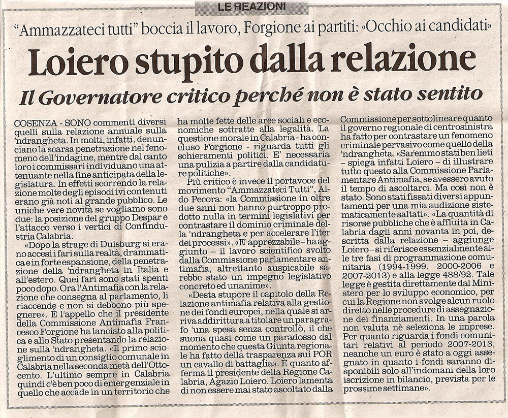 Loiero stupito dalla relazione