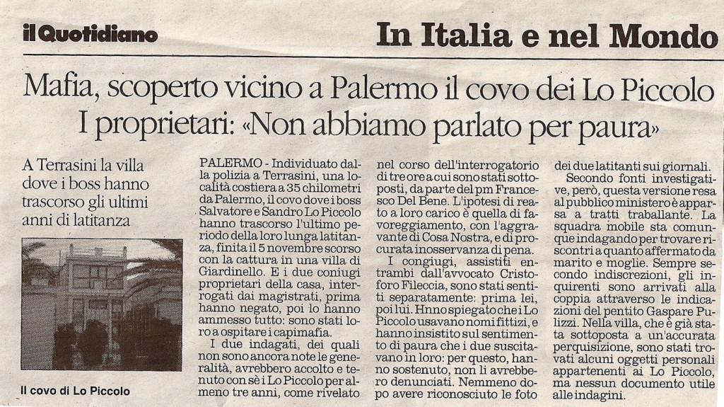 Mafia, scoperto vicino a Palermo il covo dei Lo Piccolo