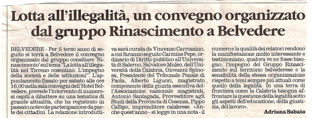 Lotta all’illegalità, un convegno organizzato dal gruppo rinascimento a Belvedere