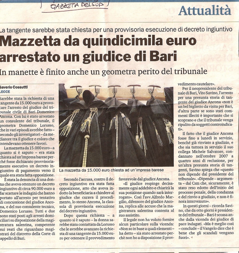 Mazzetta da quindicimila euro arrestato un giudice di Bari