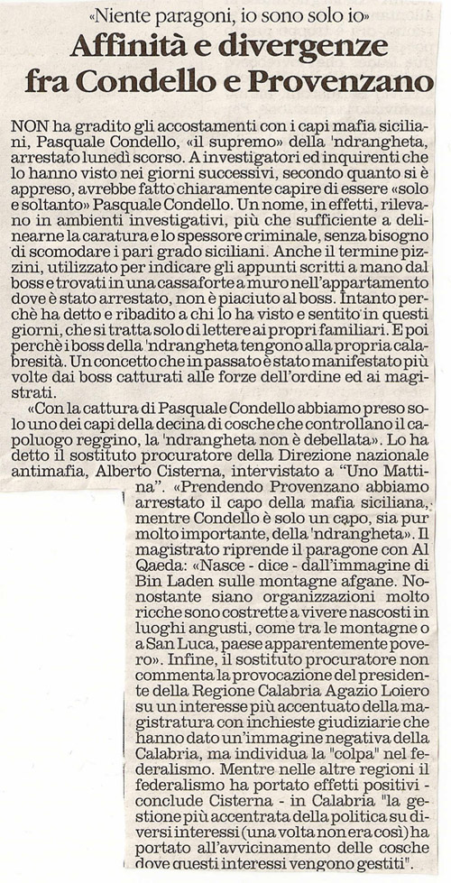 Affinità e divergenze fra Condello e Provenzano