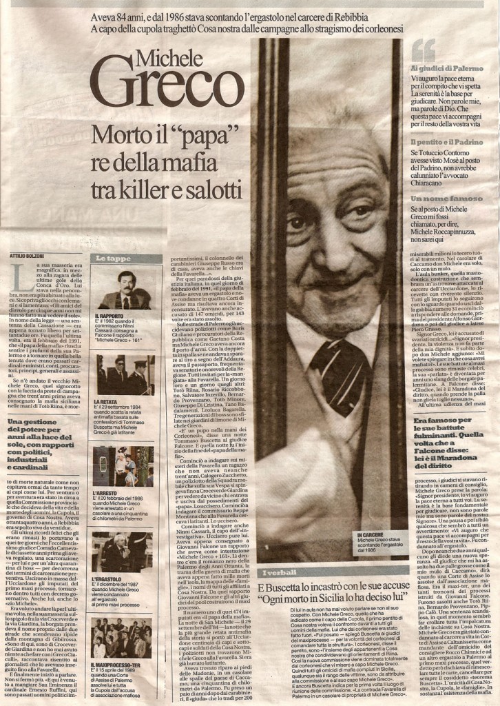 «Michele Greco, morto il “papa” re della mafia tra killer e salotti»