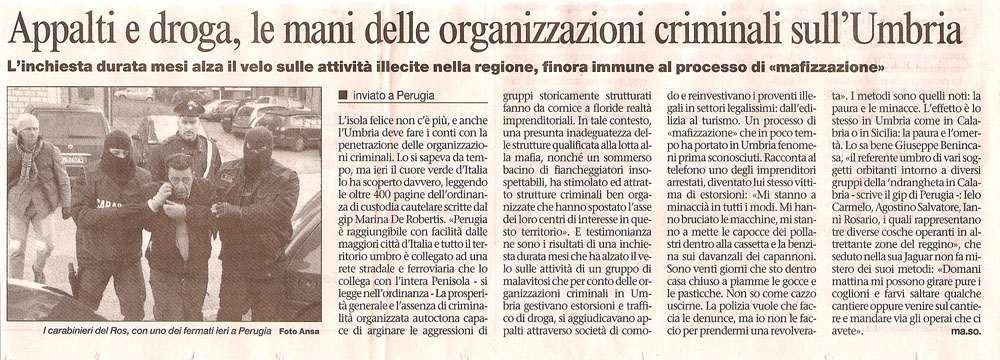 Appalti e droga, le mani delle organizzazioni criminali in Umbria