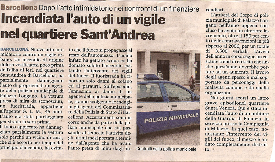 Incendiata l’auto di un vigile nel quartiere di Sant’Andrea