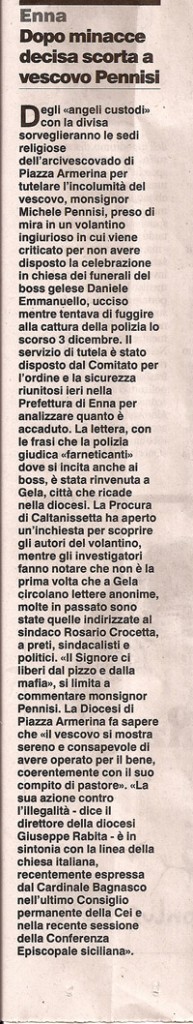 Dopo minacce decisa scorta a vescovo Pennisi