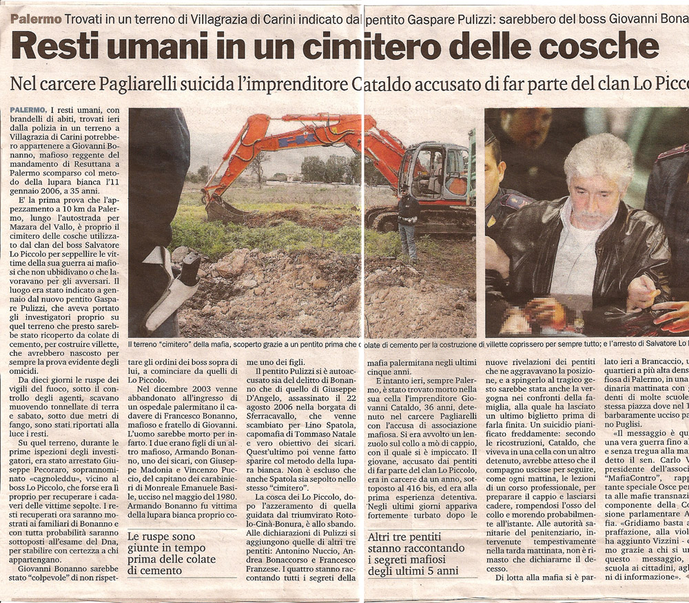 Resti umani in un cimitero delle cosche