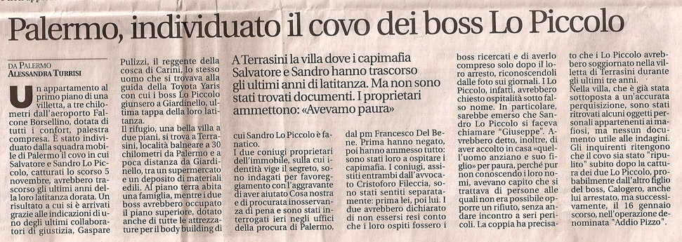 Palermo, individuato il covo del boss Lo Piccolo