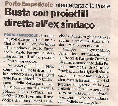 Busta con proiettili diretta all’ex sindaco