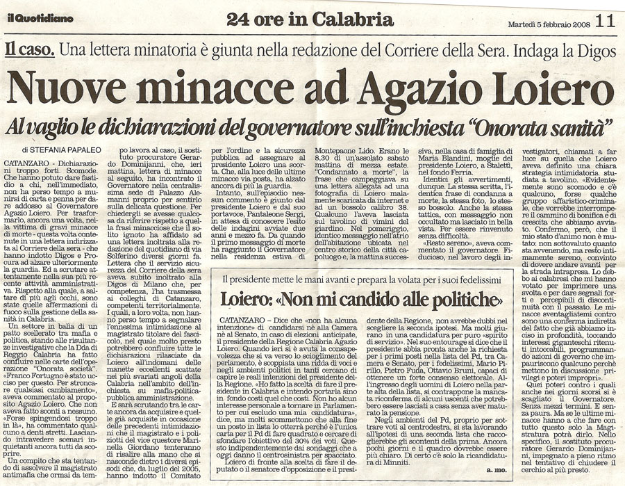Nuove minaccie ad Agazio Loiero
