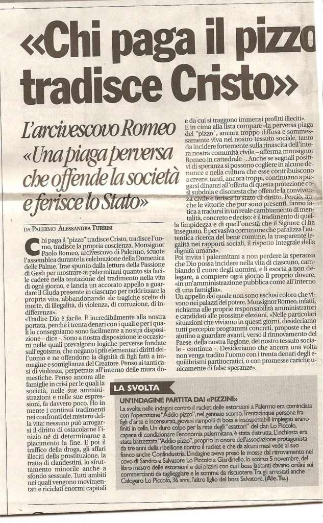 «Chi paga il pizzo tradisce Cristo»