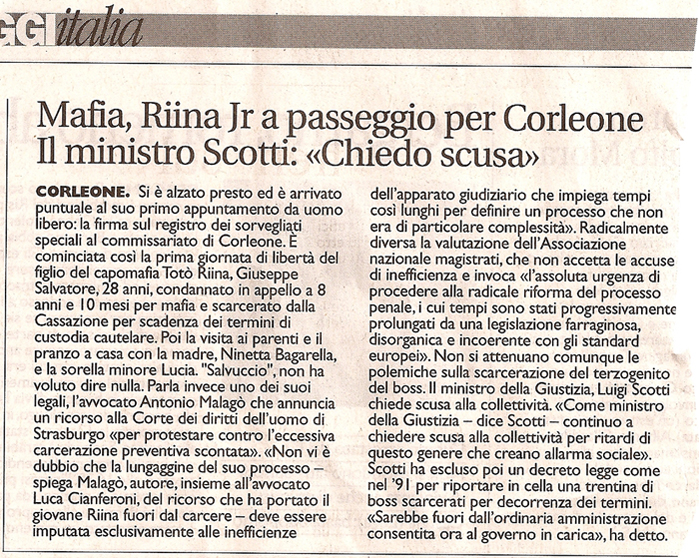 Mafia, Riina jr a passeggio per Corleone. Il ministro Scotti: «Chiedo scusa»