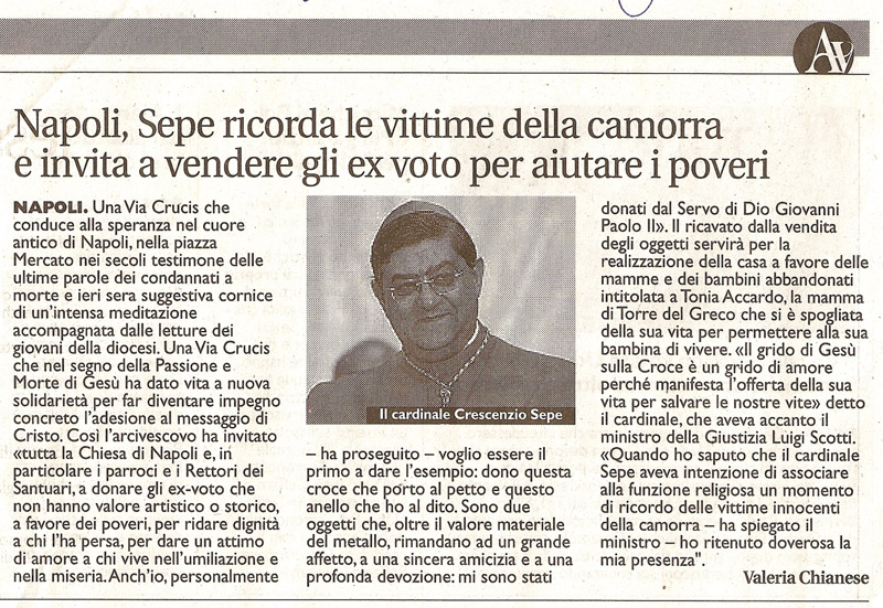 Napoli, Sepe ricorda le vittime della Camorra