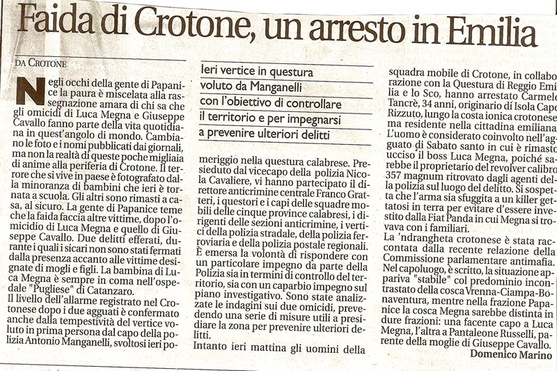 Faida di Crotone, un arresto in Emilia