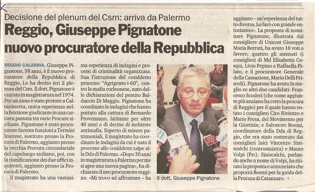 Reggio, Giuseppe Pignatone nuovo procuratore della Repubblica