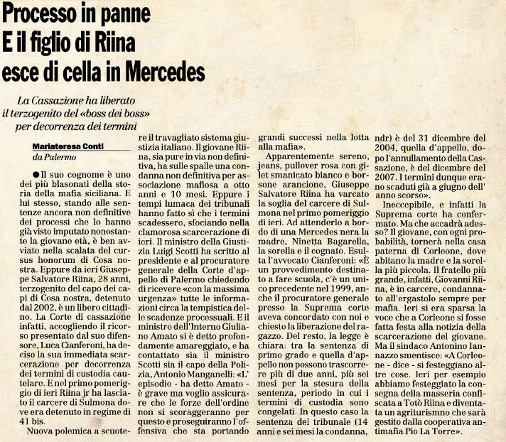 Processo in panne e il figlio di Riina esce di cella in Mercedes