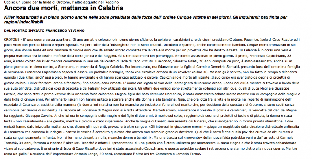 Ancora due morti, mattanza in Calabria