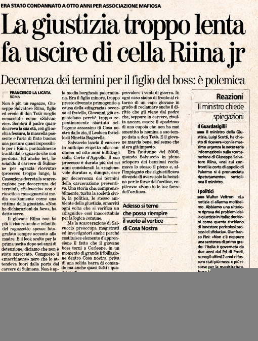 La giustizia troppo lenta fa uscire di cella Riina jr
