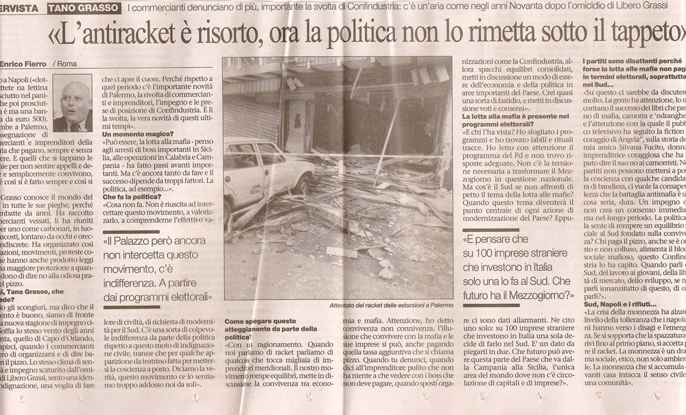 «L’antiracket è risorto, ora la politica non lo rimetta sotto il tappeto»