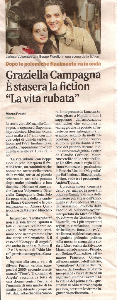 Graziella Campagna. E’ stasera la fiction “La vita rubata”