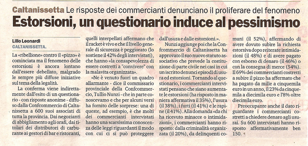 Estorsioni, un questionario induce al pessimismo