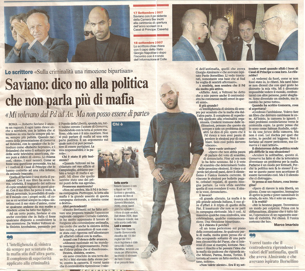 Saviano: dico no alla politica che non parla più di mafia