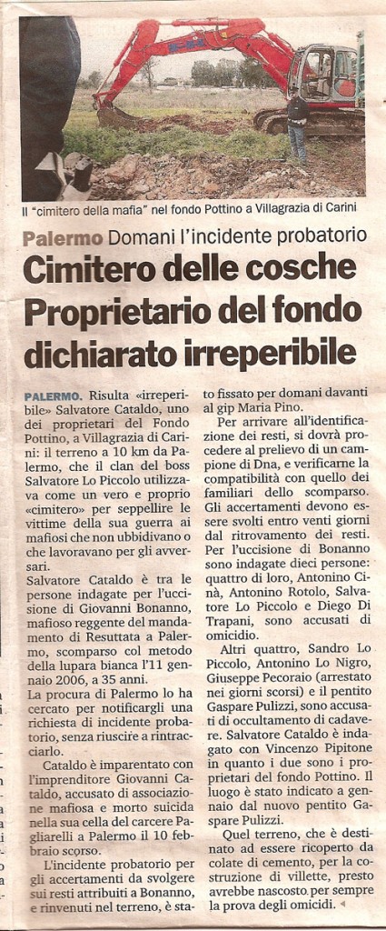 Cimitero delle cosche, proprietario del fondo dichiarato irreperibile