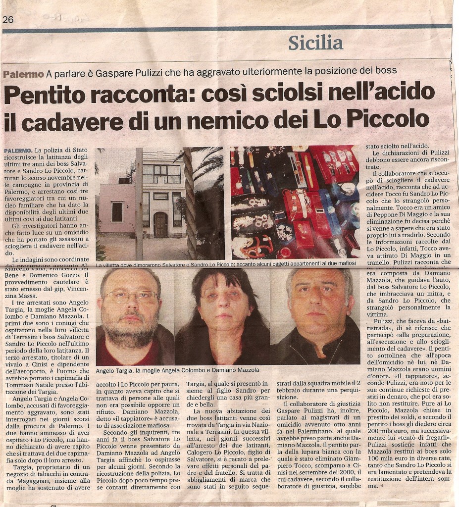 Pentito racconta: così sciolsi nell’acido il cadavere di un nemico dei Lo Piccolo