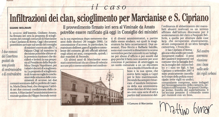 Infiltrazioni dei clan, scioglimento per Marcianise e S. Cipriano