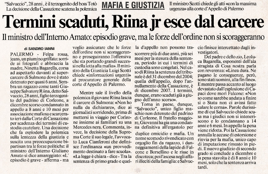 Termini scaduti, Riina jr esce dal carcere