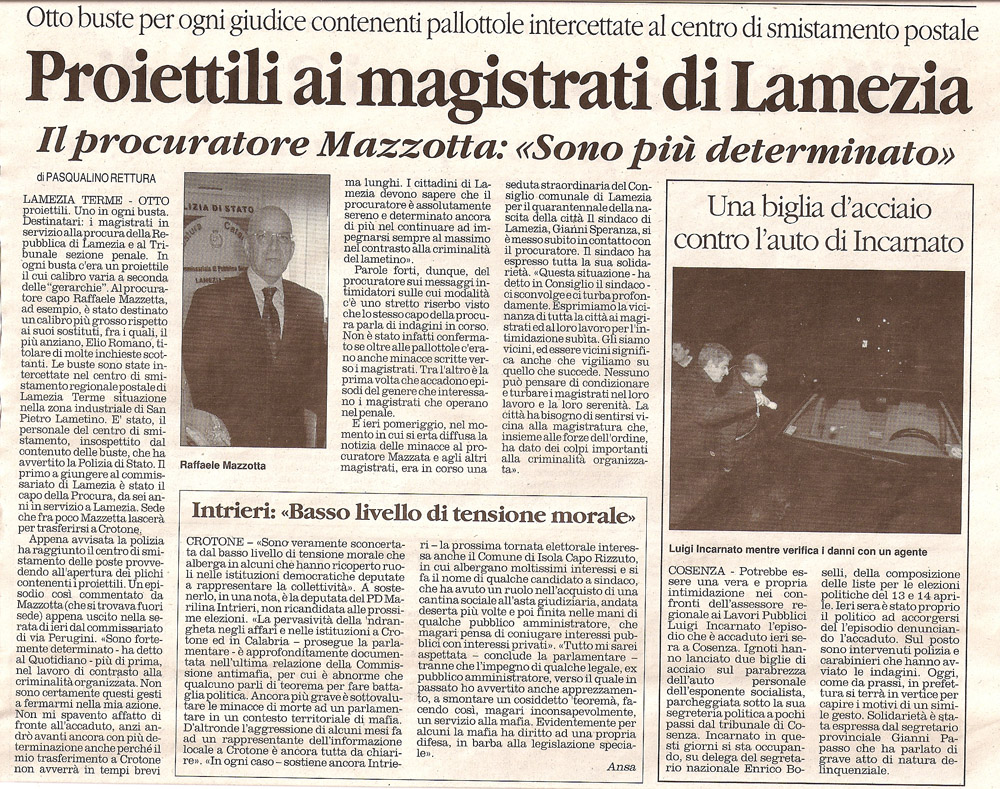 Proiettili ai magistrati di Lamezia