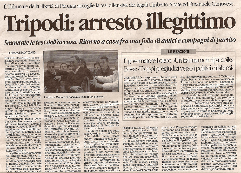 Tripodi: arresto illegittimo