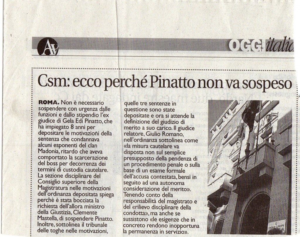 Csm: ecco perchè Pinatto non va sospeso