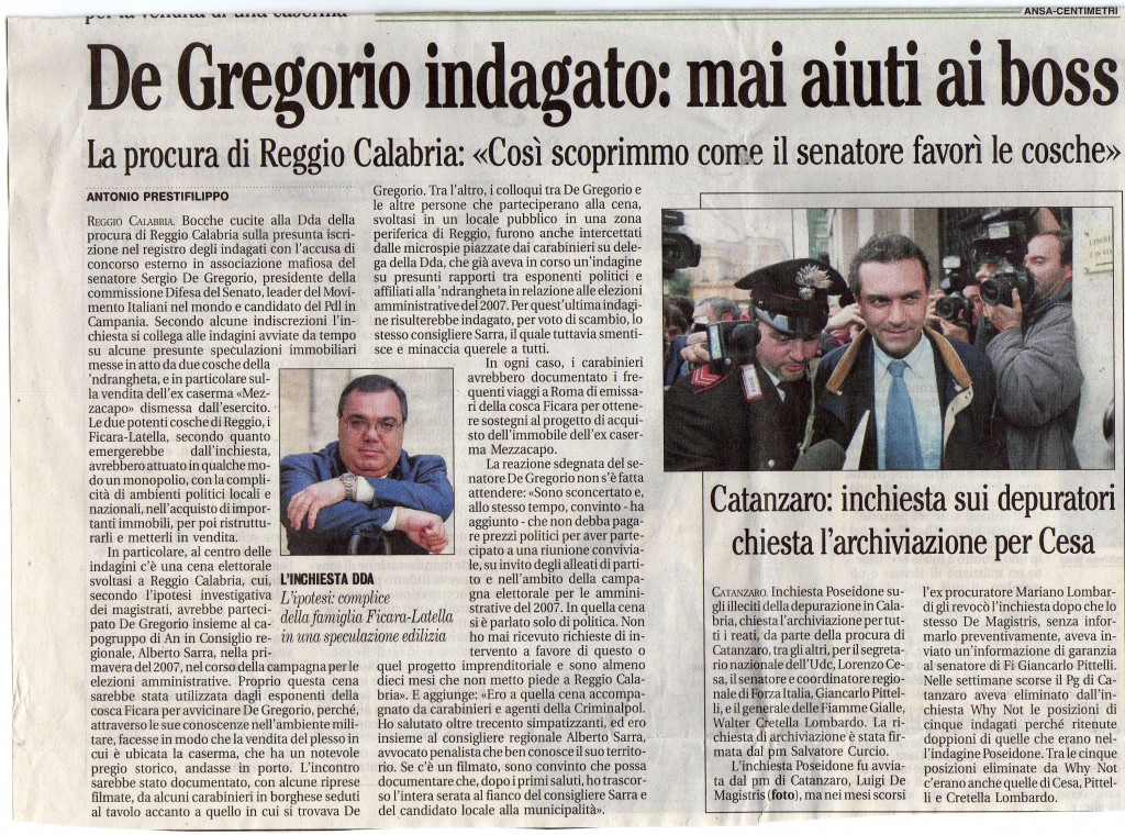 De Gregorio indagato: mai aiuti ai boss